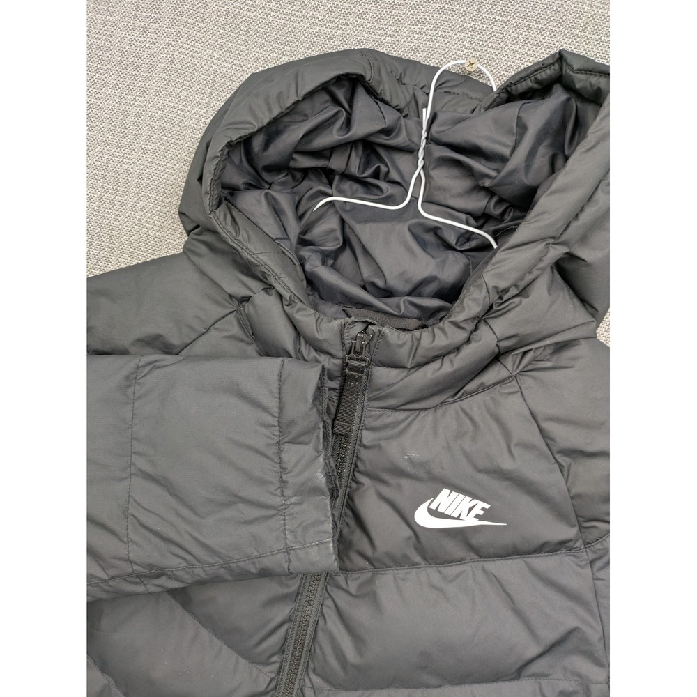 Nike Puffer Jacket Youth Medium Black Hooded Full Zip Swoosh Winter Coat